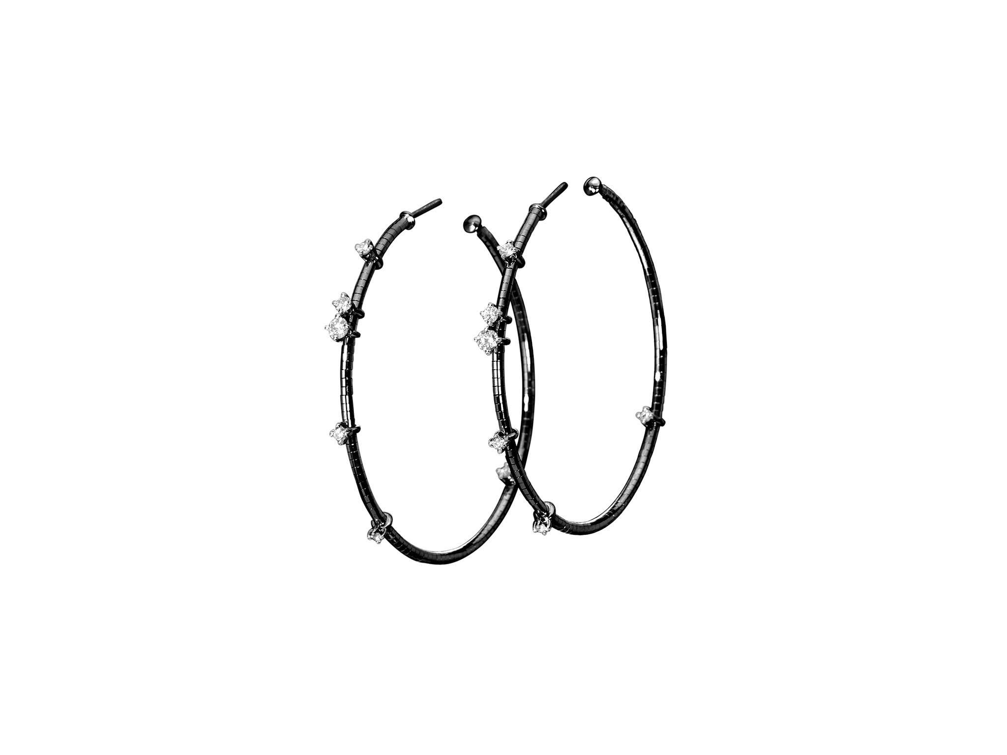 Rugiada Black 4cm Hoop Earrings with White Diamonds in 18kt Black Gold by Mattia Cielo. From the Rugiada Black (Black Dew) Collection, these earrings are created in 18kt white gold with black ruthenium over and a titanium core. The earrings are set with twelve round brilliant cut natural white diamonds at 0.28ctw, G/VS quality. The hoops are 4cm in diameter. Rugiada Black 4cm Hoop Earrings with White Diamonds in 18kt Black Gold