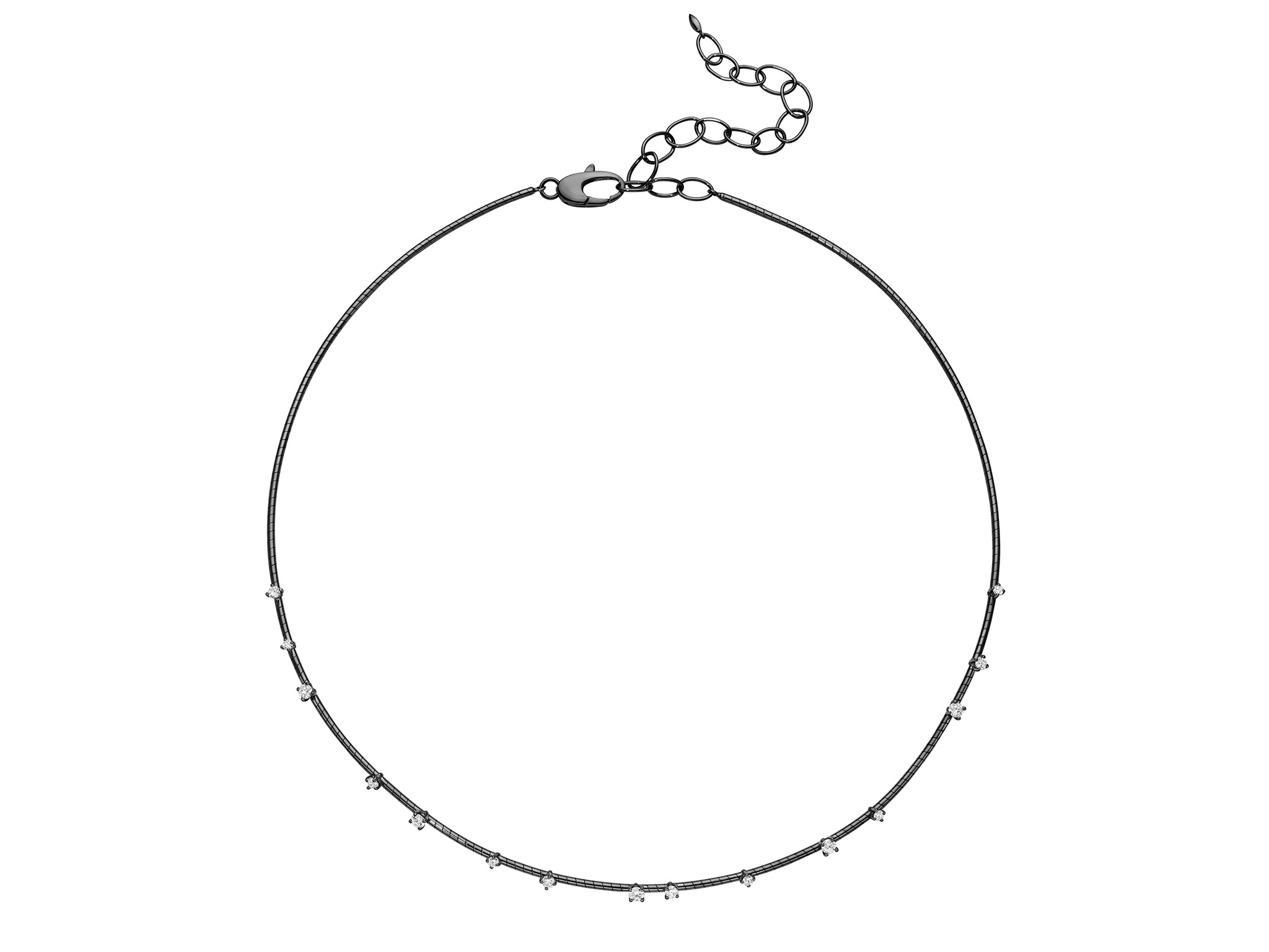 Rugiada Black Collar Necklace with White Diamonds in 18kt Black Gold by Mattia Cielo. From the Rugiada Black (Black Dew) Collection, this necklace is created in 18kt white gold with black ruthenium over and a titanium core. The necklace is set with sixteen round brilliant cut natural white diamonds at 0.81ctw, G/VS quality. The necklace is flexible with a chain extension allowing it to be worn shorter or longer depending on the shape of the neck. Rugiada Black Collar Necklace with White Diamonds in 18kt Black Gold