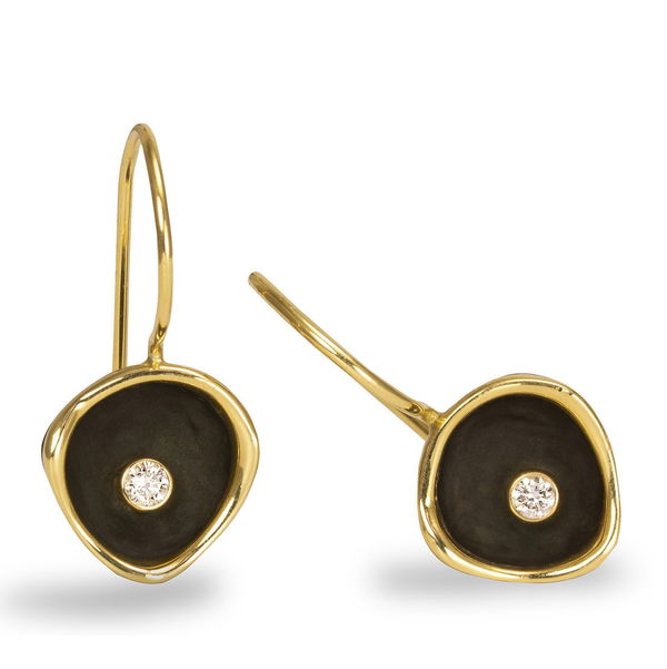 Closeup photo of Confluence Large Cup Drop Earrings with White Diamonds in 18kt Yellow Gold and Black Chrome