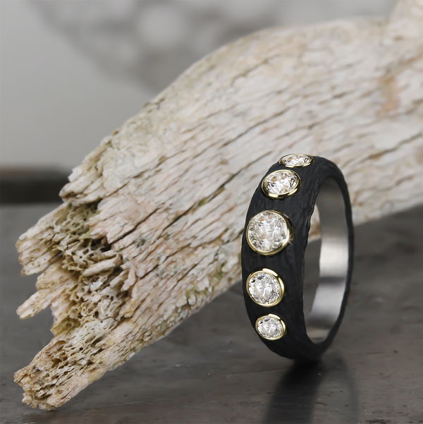 Closeup photo of Pebble Bold Tapered Band Ring with White Diamonds in Black Chrome