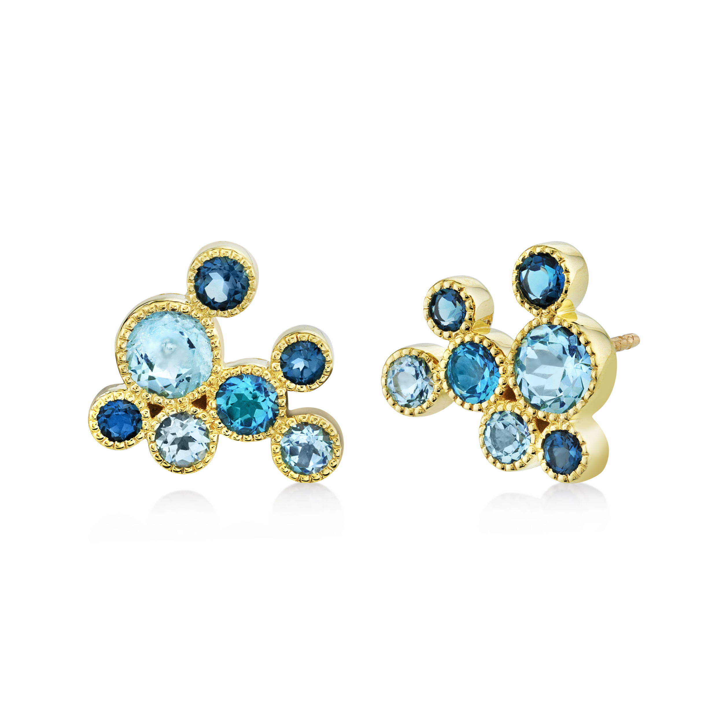 Blue Topaz Bubble Cluster Earrings in 18kt Yellow Gold by Sloane Street Jewelry. There are fourteen round blue topaz at 2.82ctw set in 18kt yellow gold. Blue Topaz Bubble Cluster Earrings in 18kt Yellow Gold