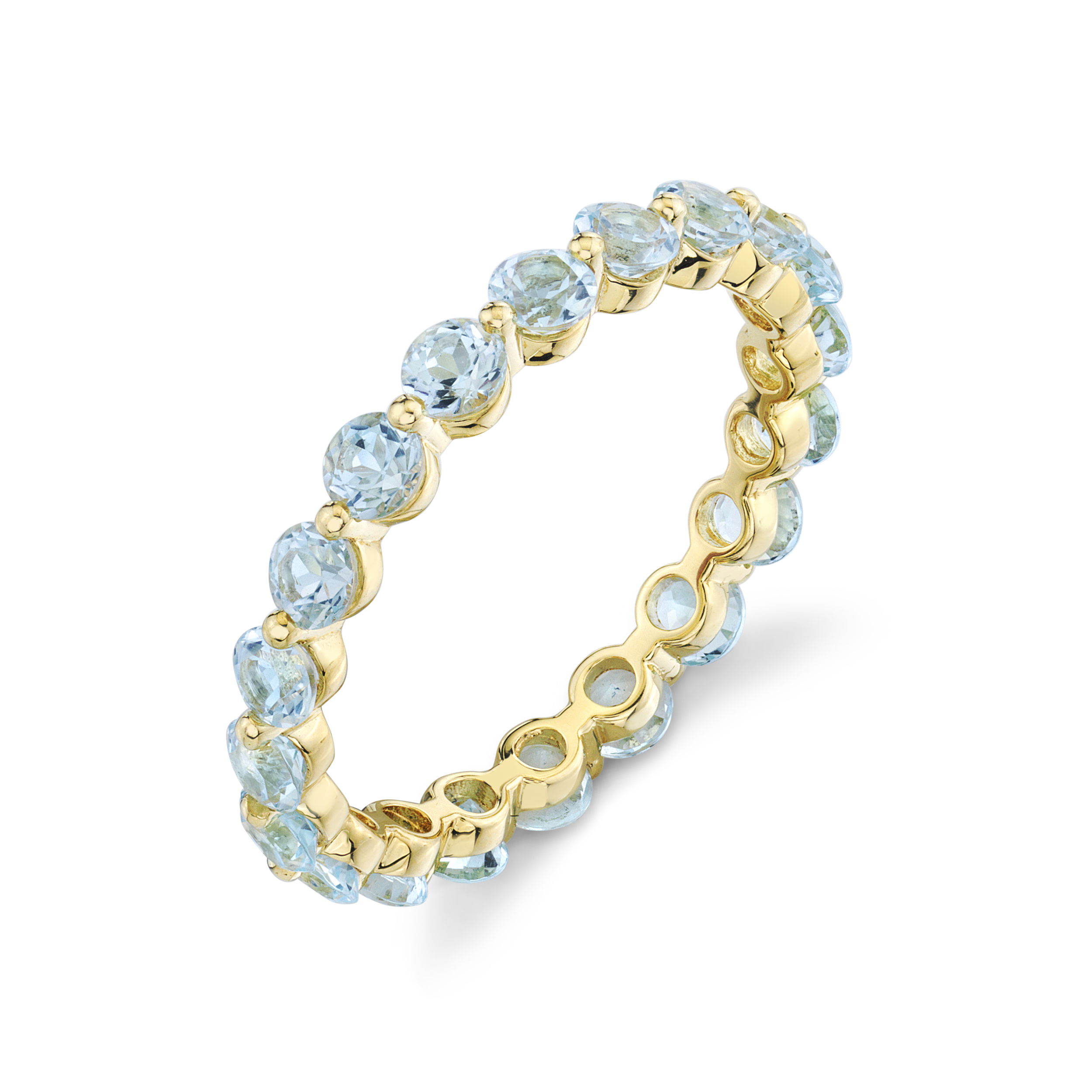 Eternity Stacking Band Ring 2.8mm with Sky Blue Topaz and Prong Spacers in 18kt Yellow Gold