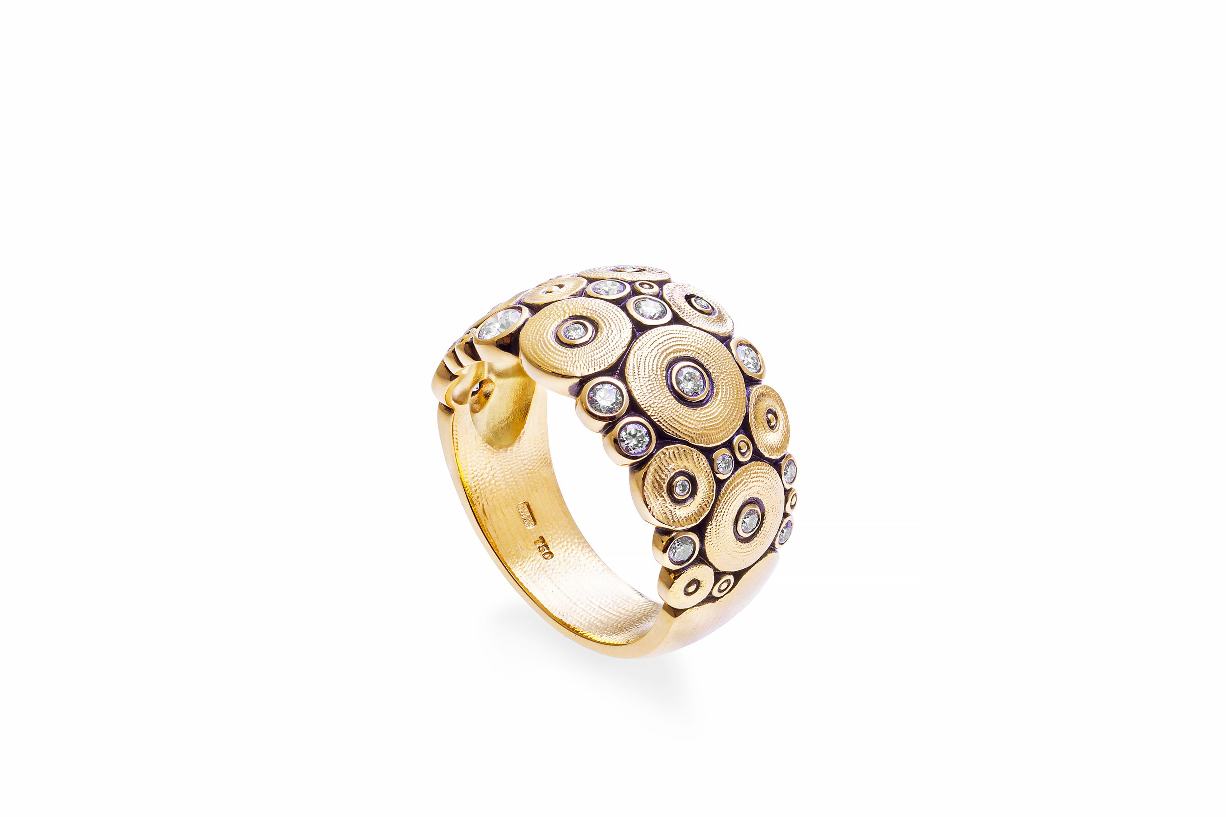 Ocean Dome Ring with White Diamonds in 18kt Yellow Gold by Alex Sepkus. Wider dome ring at the top of the finger, tapering down at the back. Twenty-one white diamonds at 0.37ctw set in oxidized 18kt yellow gold. Ocean Dome Band with White Diamonds in 18kt Yellow Gold