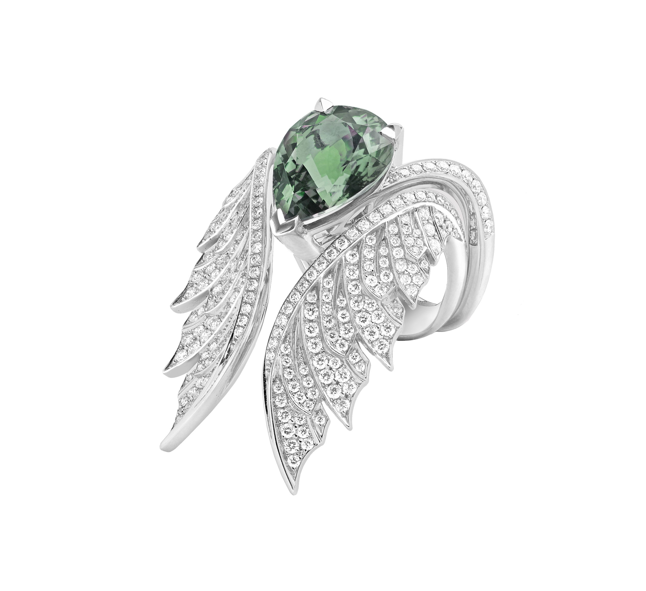 Magnipheasant Pear Inner Cocktail Ring with Grey Green Tourmaline in 18kt White Gold - Size 7