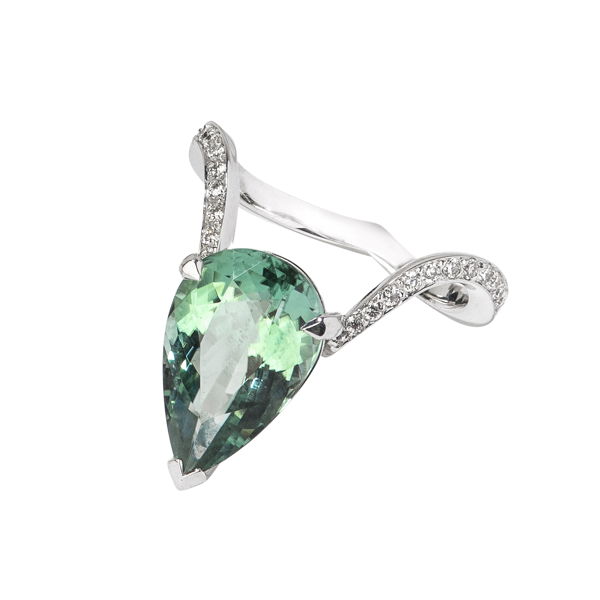 Closeup photo of Magnipheasant Pear Inner Cocktail Ring with Grey Green Tourmaline in 18kt White Gold - Size 7