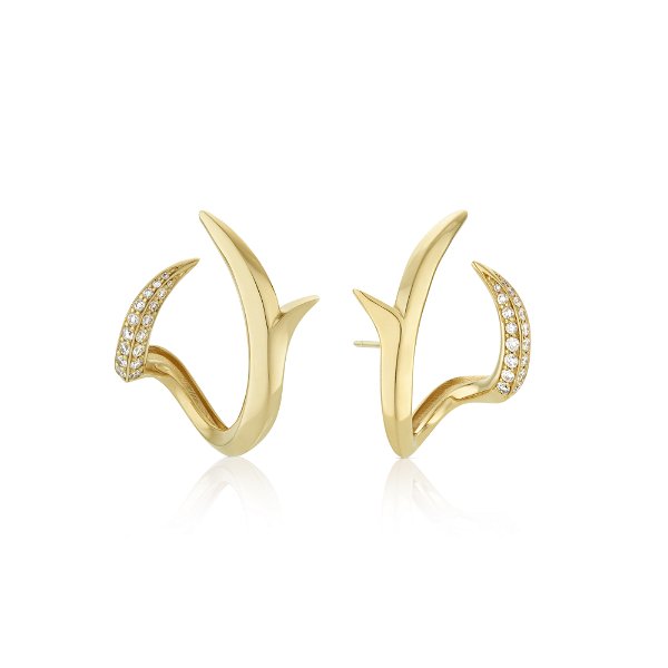 Closeup photo of Thorn Embrace Bound Together Small Cuff Earrings with White Diamonds in 18kt Yellow Gold
