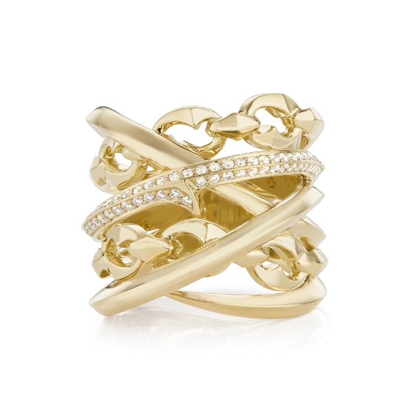 Closeup photo of Thorn Embrace Bound Together Large Band Ring with White Diamonds in 18kt Yellow Gold