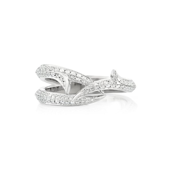 Closeup photo of Thorn Embrace Bound Together Narrow Band Ring with Pave White Diamonds in 18kt White Gold
