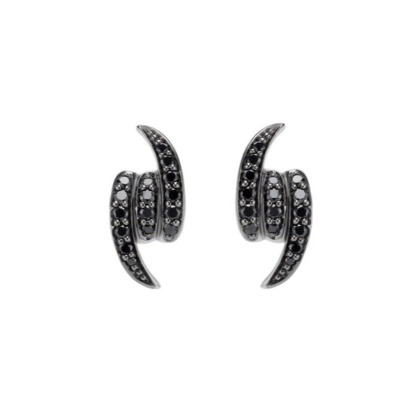 Closeup photo of Thorn Forget Me Knot Stud Earrings with Black Diamonds in 18kt White Gold