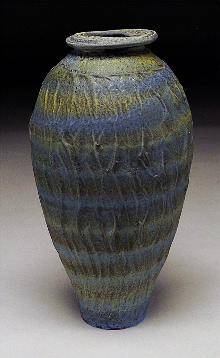 Earthenware urn blue and yellow bands 12.5x7