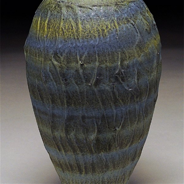 Closeup photo of Earthenware urn blue and yellow bands 12.5x7