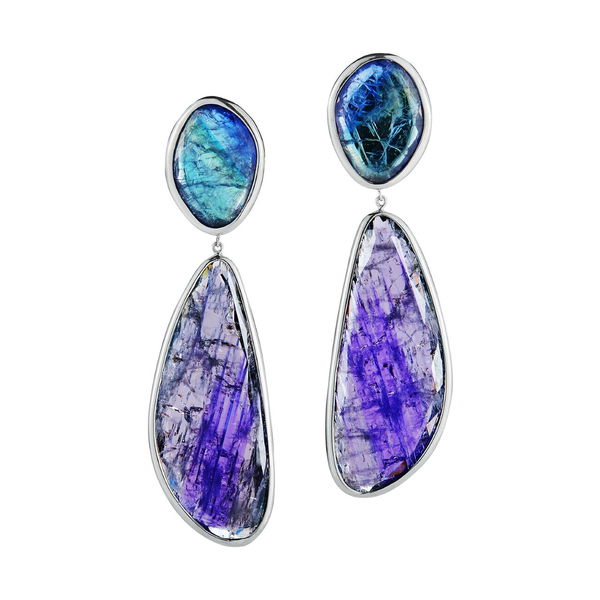Closeup photo of Dangle Earrings with Tanzanite Slices in 18kt White Gold