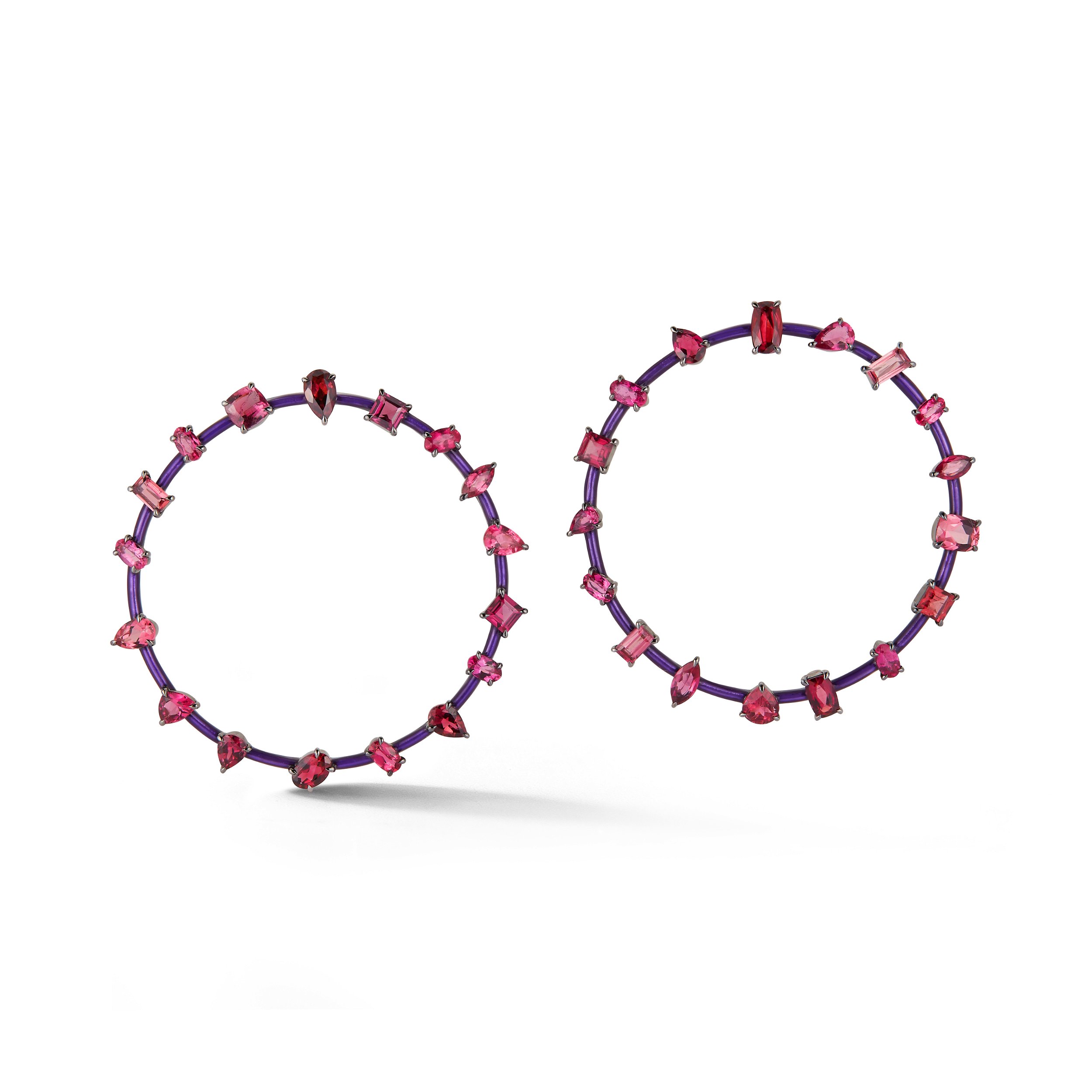 50mm Orbit Hoop Earrings with Pink Tourmaline in 18kt White Gold and Purple Enamel