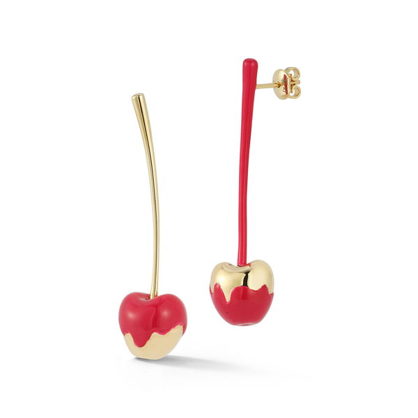Closeup photo of Graffiti Cherry Earrings with Pink Enamel in 14kt Yellow Gold