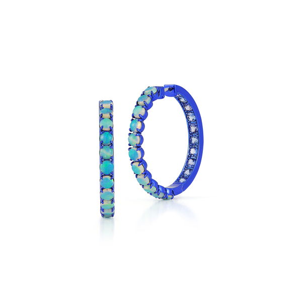 Closeup photo of Hoop Earrings with Opal and Tanzanite in 18kt White Gold with Blue Rhodium