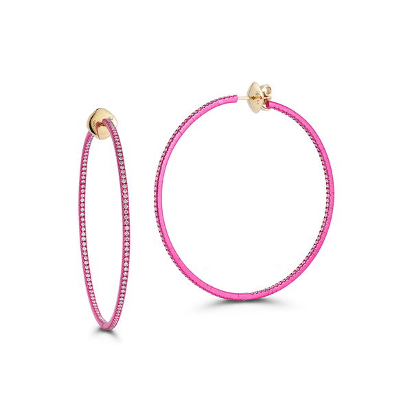 Closeup photo of Graffiti Mega Hoop Earrings with White Diamonds in 18kt White Gold and Pink Rhodium
