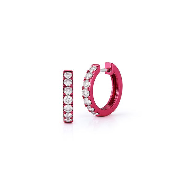 Closeup photo of Graffiti Mini Huggie Hoop Earrings with White Diamonds in 14kt White Gold with Pink Rhodium