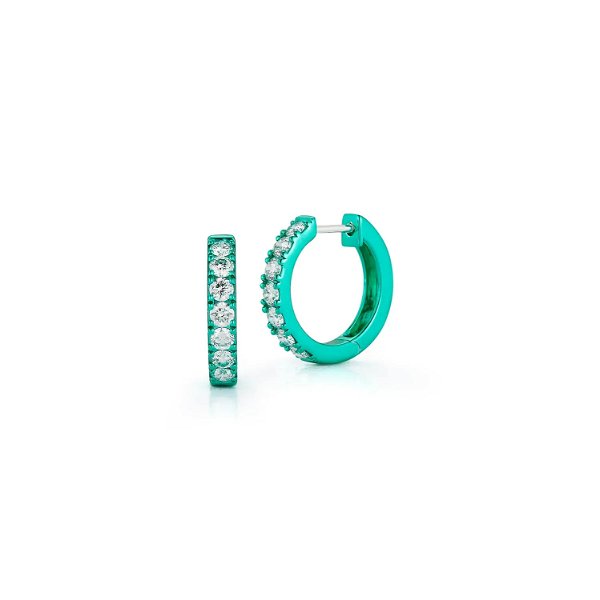 Closeup photo of Graffiti Mini Huggie Hoop Earrings with White Diamonds in 14kt White Gold with Green Rhodium