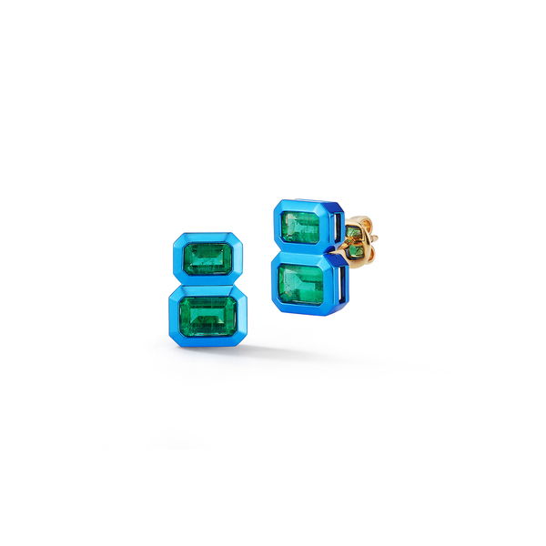 Closeup photo of Two Tier Stud Earrings with Emeralds in 18kt White Gold and Blue Rhodium
