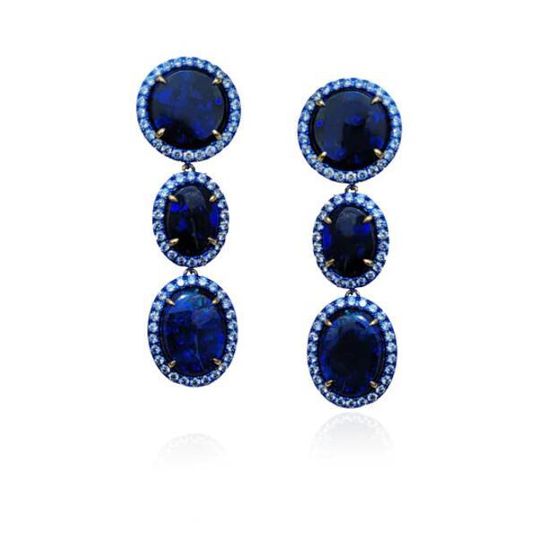 The Three Graces II Dangle Earrings with Opals and White Diamonds in 18kt Yellow Gold with Blue Rhodium