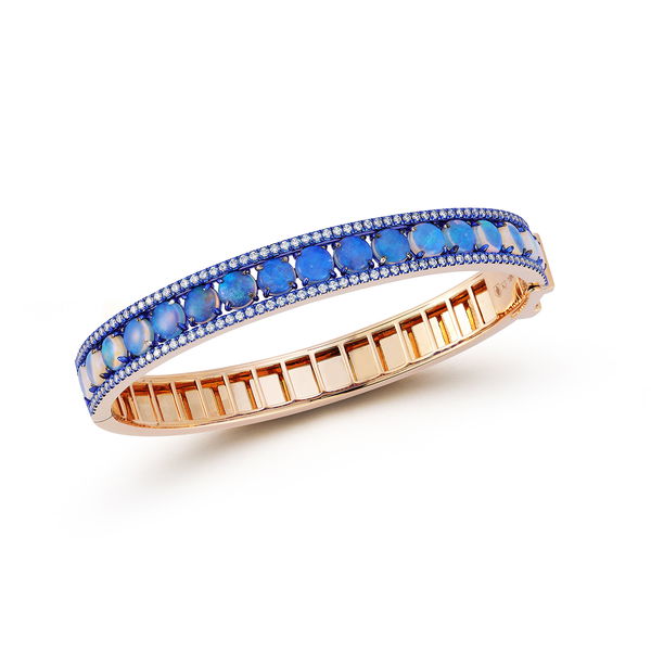 Closeup photo of Origami Bangle Bracelet with Opals and White Diamonds in 18kt Rose Gold and Blue Rhodium