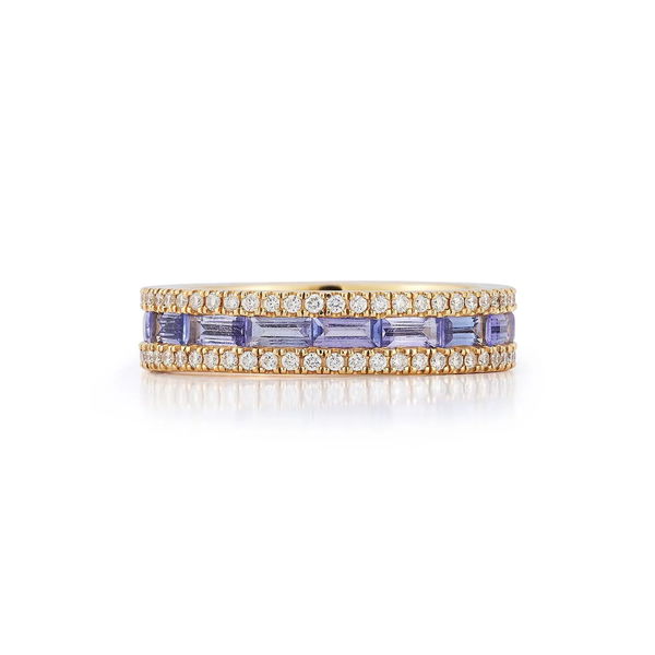 Closeup photo of Origami Band Ring with Tanzanite and White Diamonds in 18kt Yellow Gold - Size 7