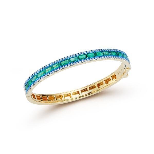 Closeup photo of Origami Bangle Bracelet with Emeralds and White Diamonds in 18kt Yellow Gold and Blue Rhodium - Large