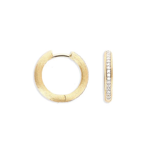 Closeup photo of Libera Large Hoop Earrings with White Diamonds in 18kt Yellow Gold