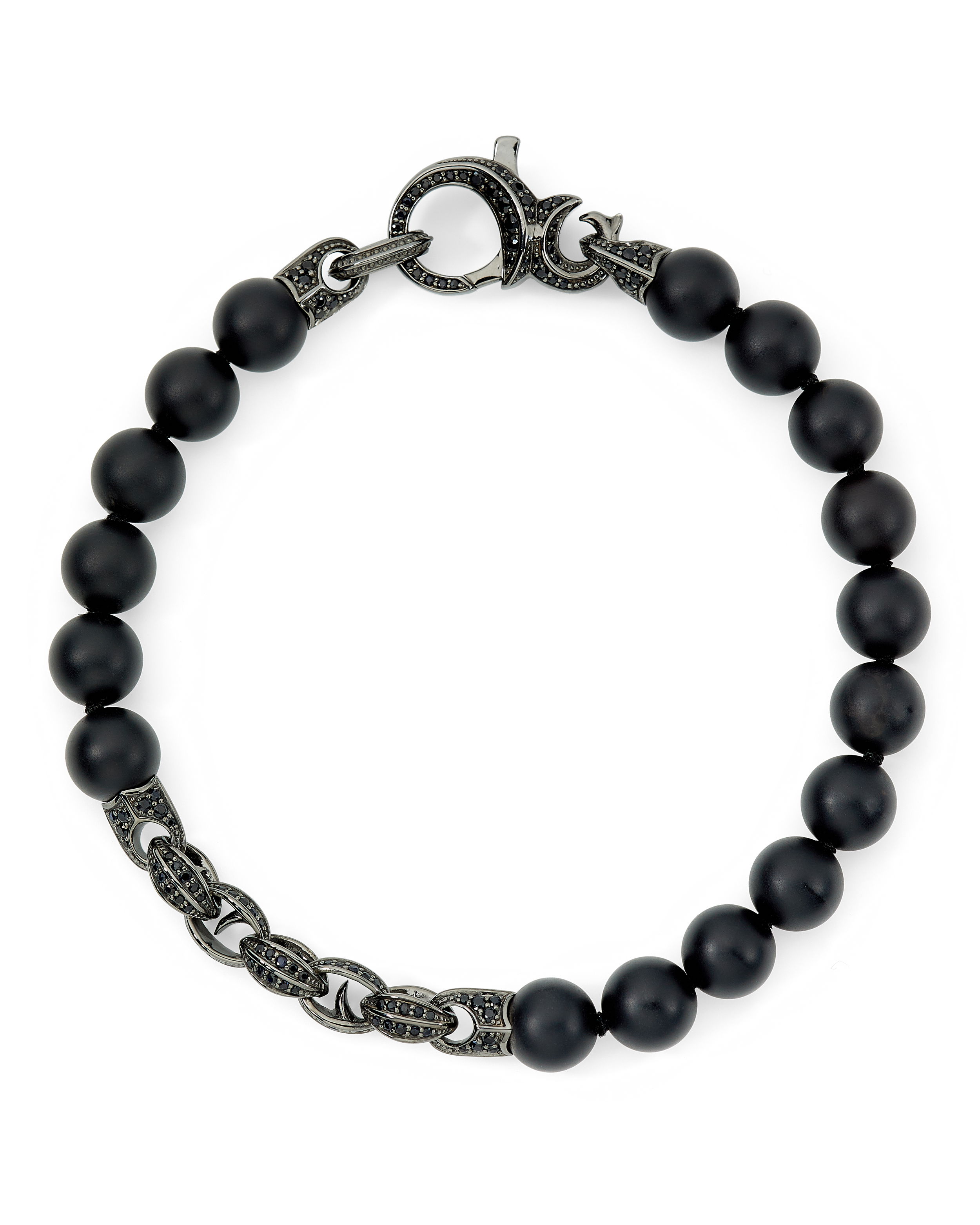 Thorn Addiction Bead Bracelet with Matte Onyx and Black Sapphire Links in Sterling Silver - 8" by Stephen Webster. A sterling silver thorn clasp with black rhodium over anchors this bracelet made of 8mm matte black onyx beads and accented with a linked segment covered in pave black sapphire at 1.75ctw. The bracelet measures 8 inches long. Thorn Addiction Bead Bracelet with Matte Onyx and Black Sapphire Links in Sterling Silver - 8"