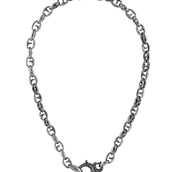 Closeup photo of Thorn Addiction Classic Large Link Chain Necklace with Black Diamonds in Sterling Silver and Black Rhodium- 22"