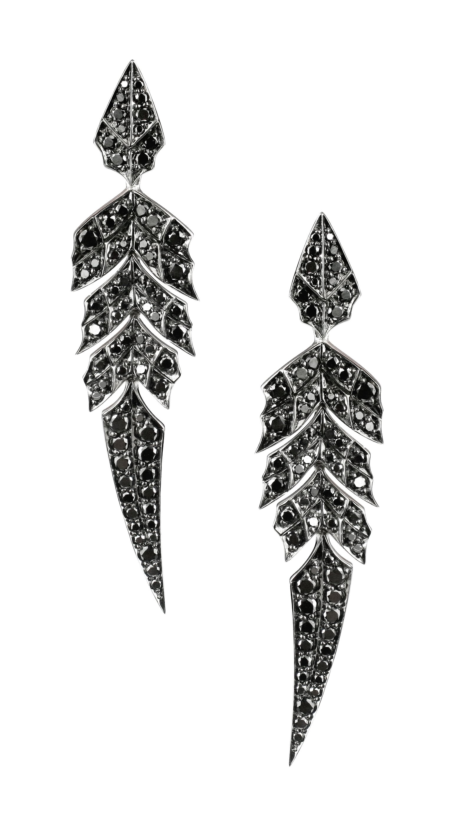 Magnipheasant Tail Feather Short Drop Earrings with Black Diamonds in 18kt White Gold