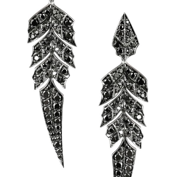 Closeup photo of Magnipheasant Tail Feather Short Drop Earrings with Black Diamonds in 18kt White Gold