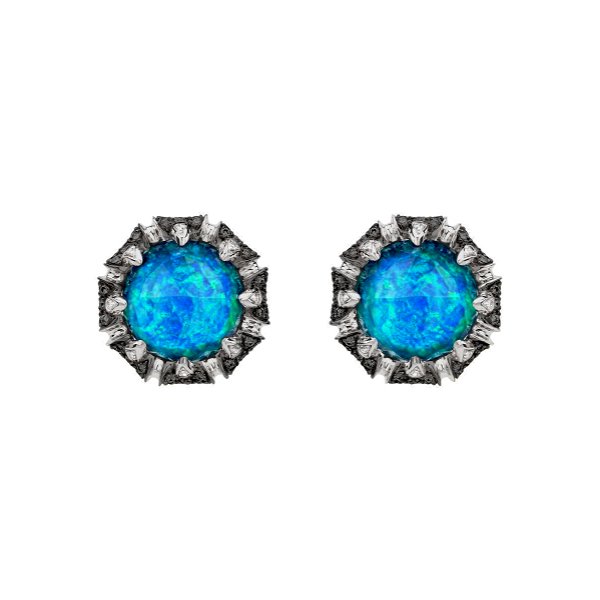 Closeup photo of No Regrets Jewels Verne Sea Urchin CH2 Stud Earrings with Black Opalescent in 18kt White Gold