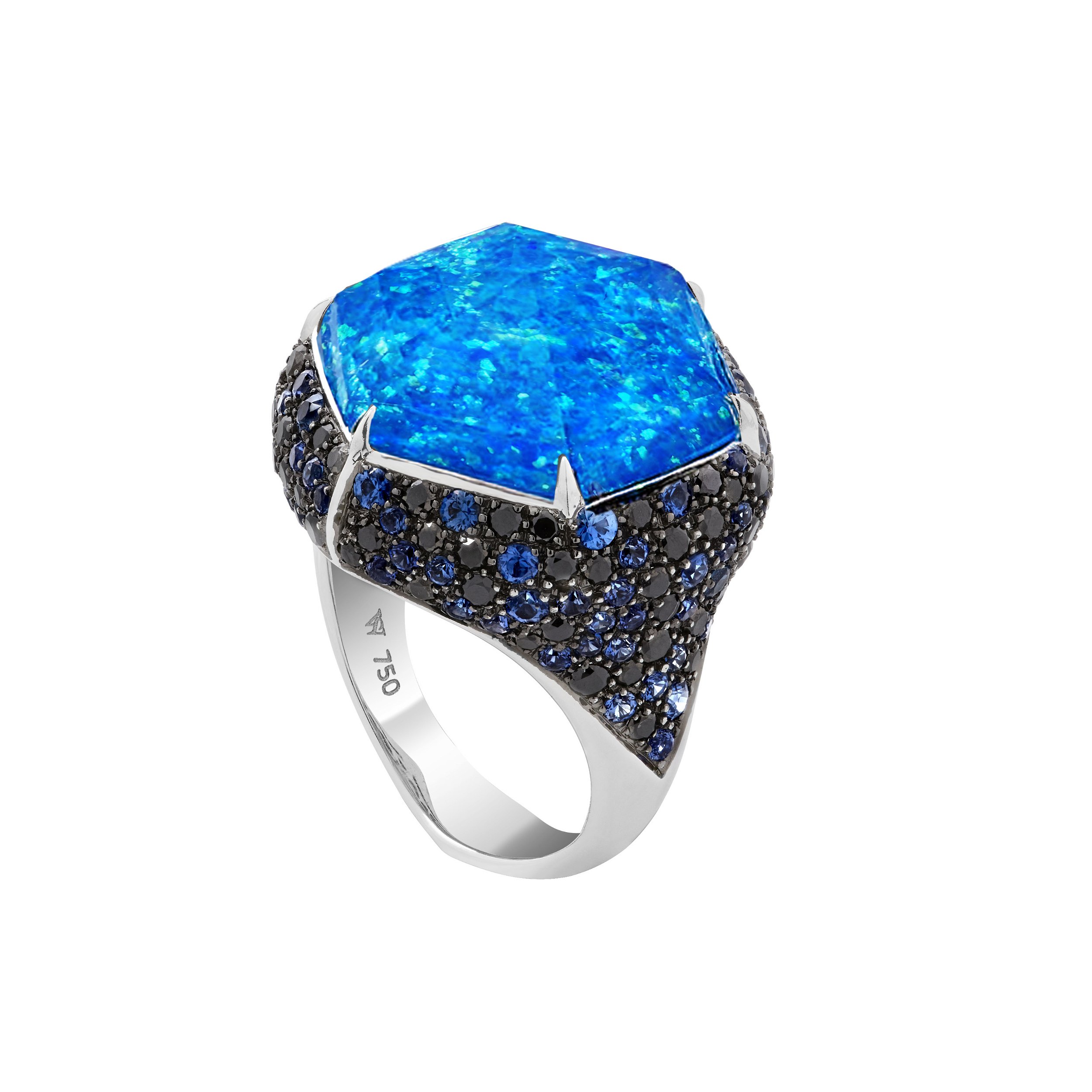 No Regrets Deco Haze CH2 Small Pave Ring with Black Opalescent in 18kt White Gold