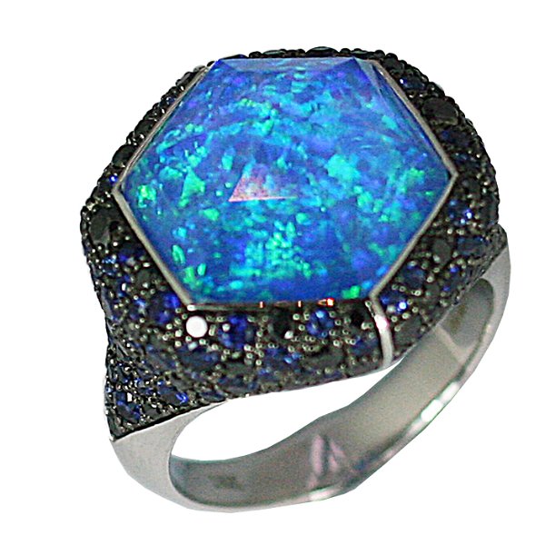 Closeup photo of No Regrets Deco Haze CH2 Small Pave Ring with Black Opalescent in 18kt White Gold