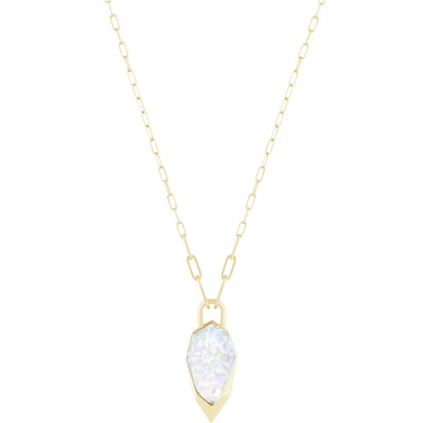 Closeup photo of CH2 Double Dipped Pendant Necklace with White Opalescent in 18kt Yellow Gold