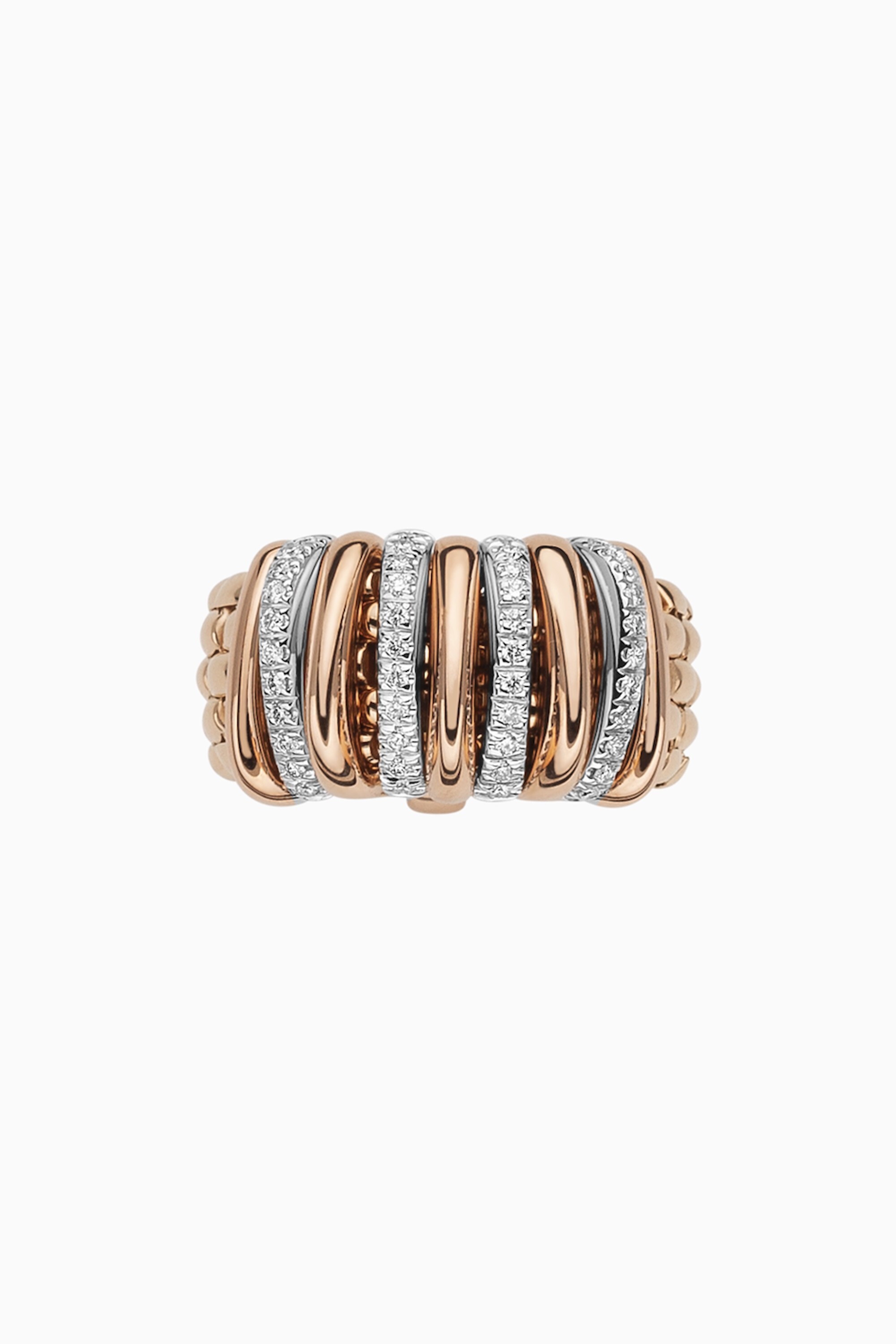 Panorama Flex'It Ring in 18kt Rose gold with four white gold bars with pave diamonds at 0.30ctw in white diamonds and five plain rose gold bars alternating.- Size Extra Small (4.25-5.25) Panorama Ring in 18kt Rose Gold with 4 White Gold and White Diamond Pave Bars and 5 Rose Gold Bars - XS