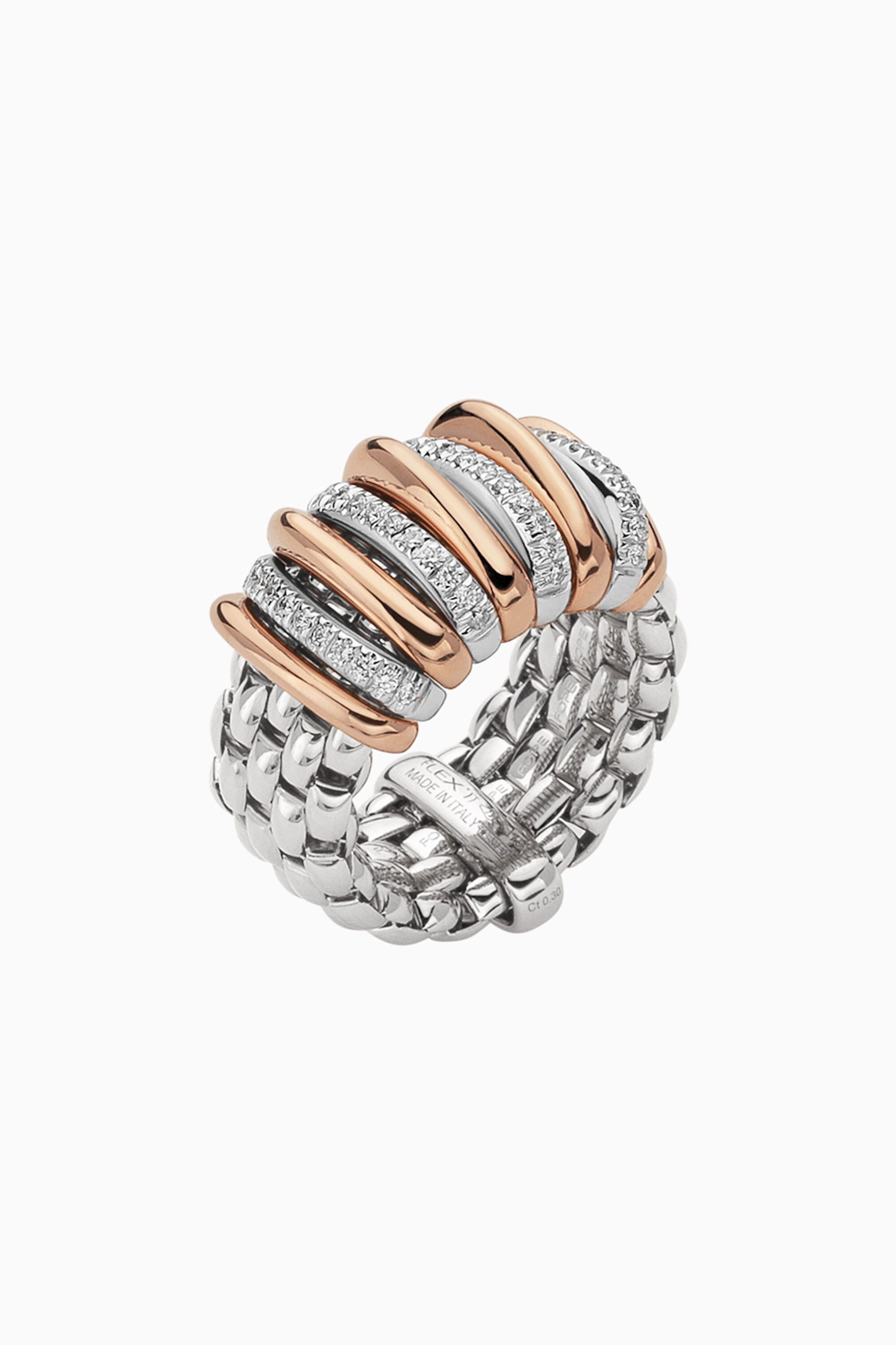 Panorama Flex'It Ring in 18kt White gold with four white gold bars with pave diamonds at 0.30ctw in white diamonds and five plain rose gold bars alternating.- Size Large (8.25 - 9.25) Panorama Ring in 18kt White Gold with 4 White Gold and White Diamond Pave Bars and 5 Rose Gold Bars - L