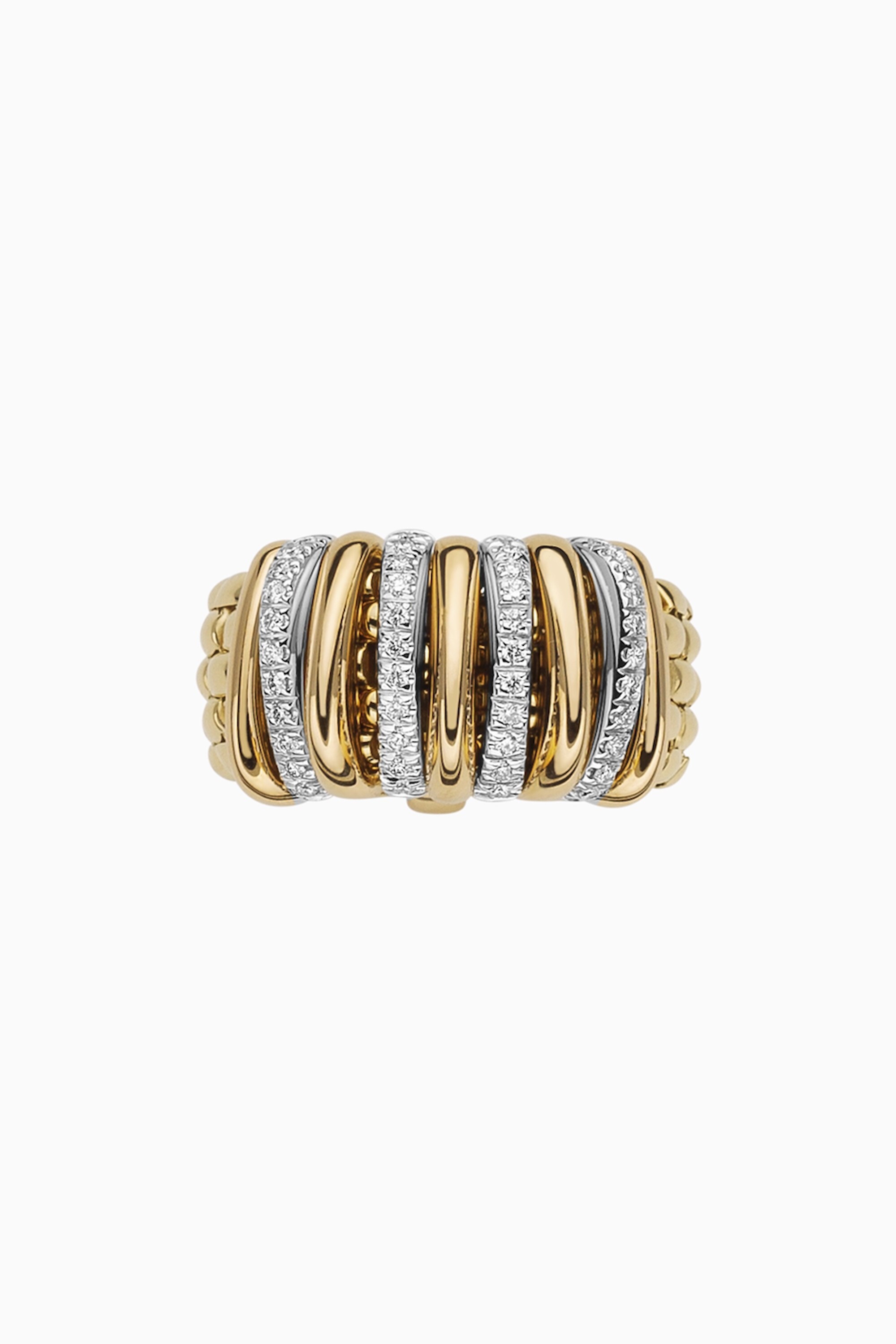Panorama Flex'It Ring in 18kt Yellow gold with four white gold bars with pave diamonds at 0.30ctw in white diamonds and five plain yellow gold bars alternating.- Size Extra Small (4.25-5.25) Panorama Ring in 18kt Yellow Gold with 4 White Gold and White Diamond Pave Bars and 5 Yellow Gold Bars - XS