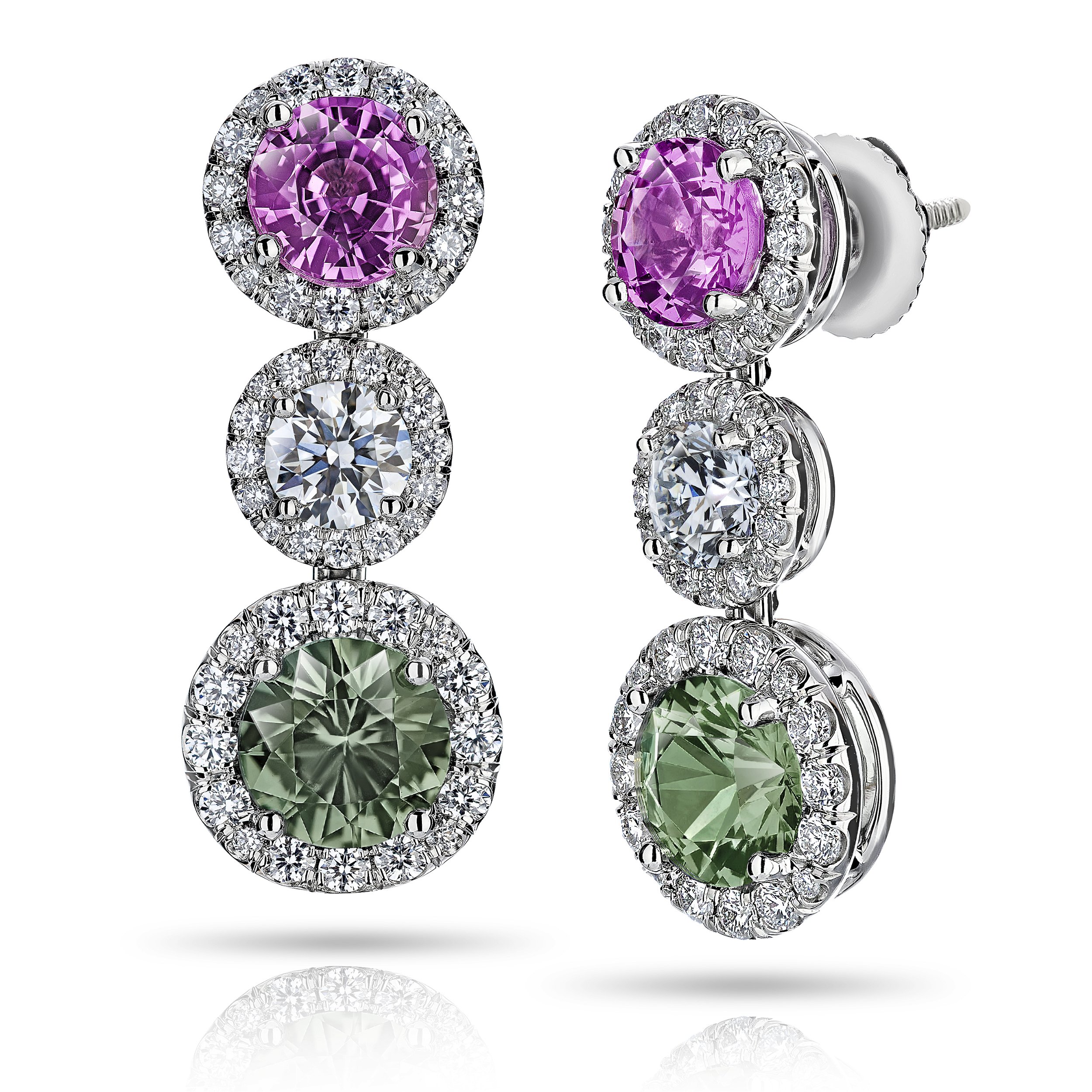 Green and Pink Sapphire Drop Earrings with Diamonds in Platinum