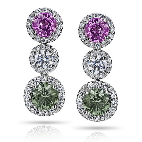 Closeup photo of Green and Pink Sapphire Drop Earrings with Diamonds in Platinum
