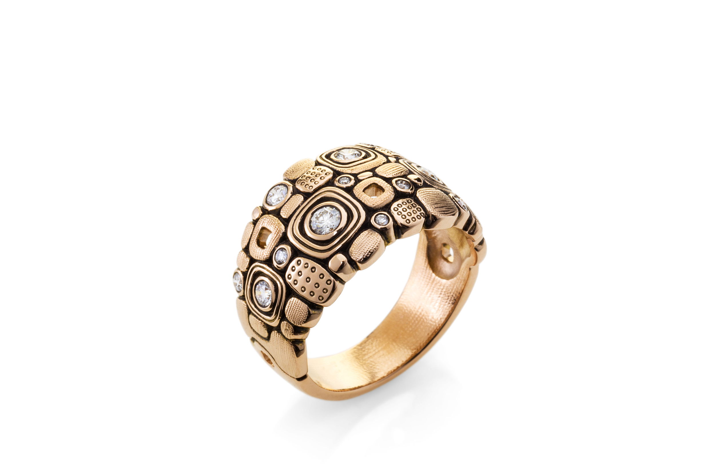Little Windows Dome Band Ring with White Diamonds in 18kt Yellow Gold by Alex Sepkus. Hand engraved 18kt yellow gold Little Windows dome band with thirteen white diamonds at 0.34ctw. Price for any size up to 8.75. Little Windows Dome Band Ring with White Diamonds in 18kt Yellow Gold