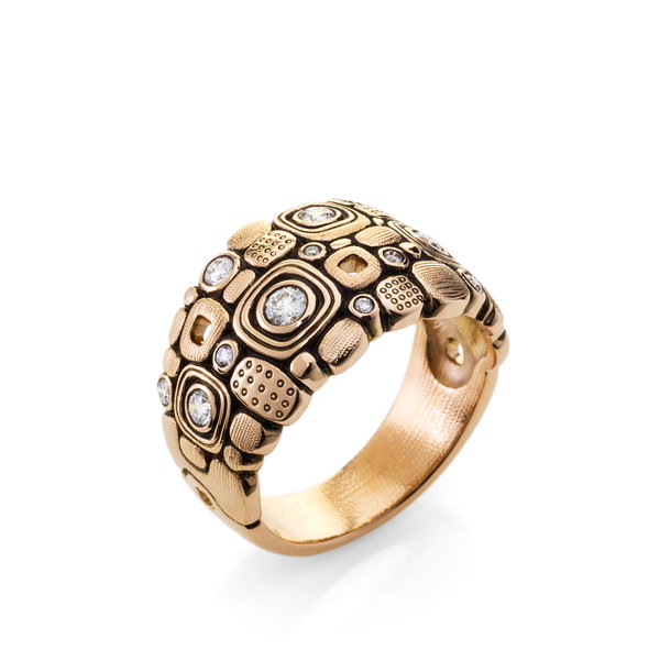 Little Windows Dome Band Ring with White Diamonds in 18kt Yellow Gold