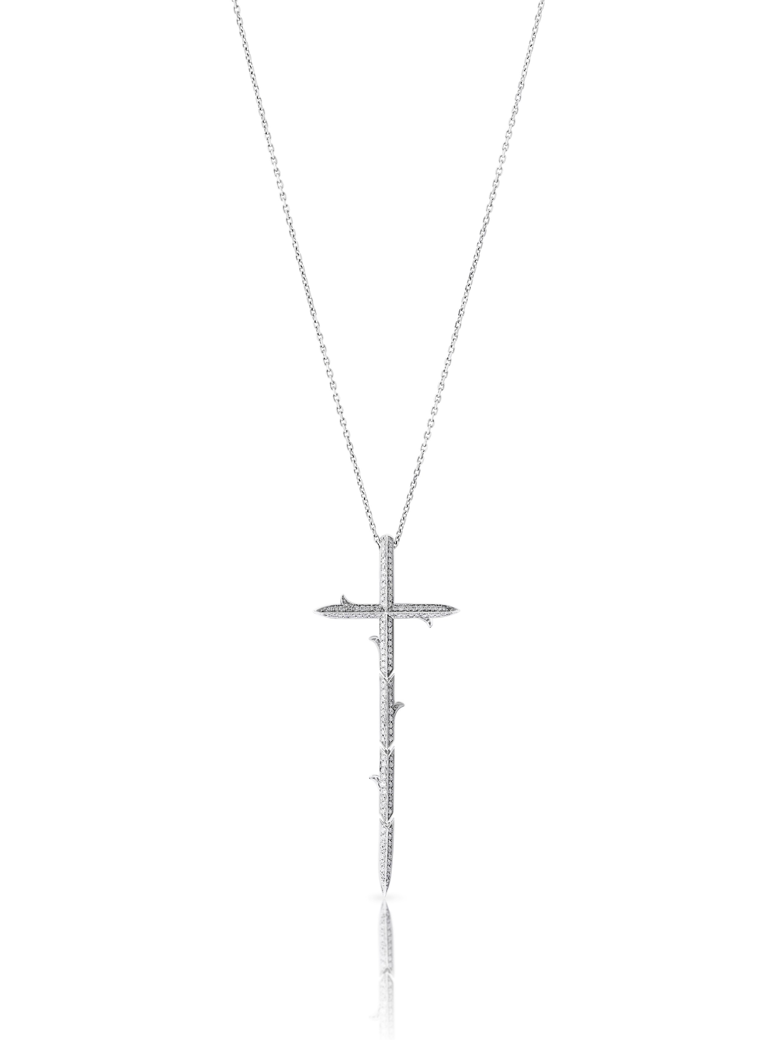 Thorn Embrace Very Cross Necklace with White Diamonds in 18kt White Gold