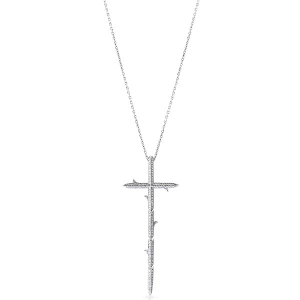 Closeup photo of Thorn Embrace Very Cross Necklace with White Diamonds in 18kt White Gold
