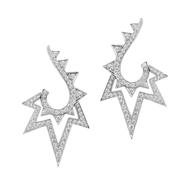Closeup photo of Lady Stardust Lightning Bolt Hoop Earrings with White Diamonds in 18kt White Gold