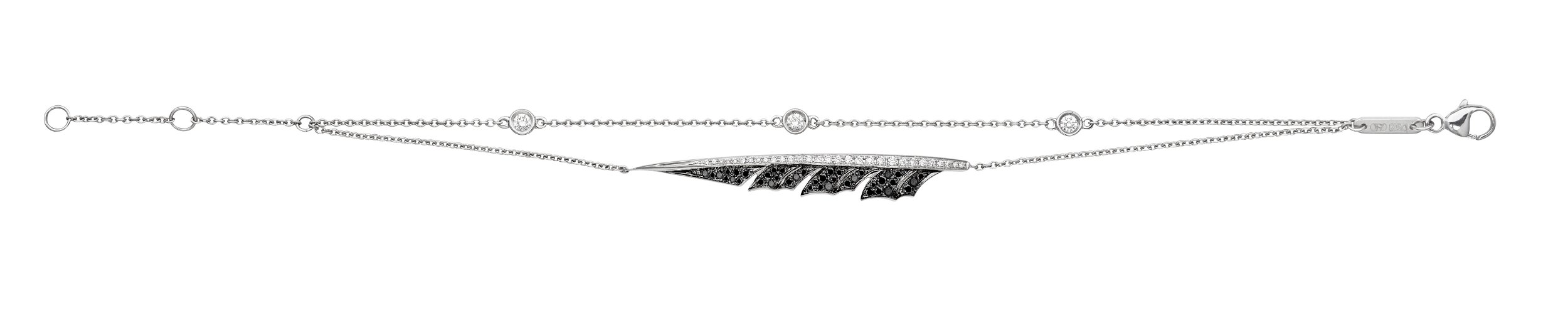 Magnipheasant Plume Chain Bracelet with Black and White Diamonds in 18kt White Gold