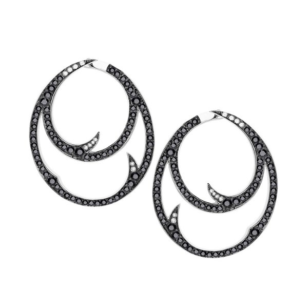 Closeup photo of Thorn Stem Double Hoop Earrings with Black Diamonds in 18kt White Gold