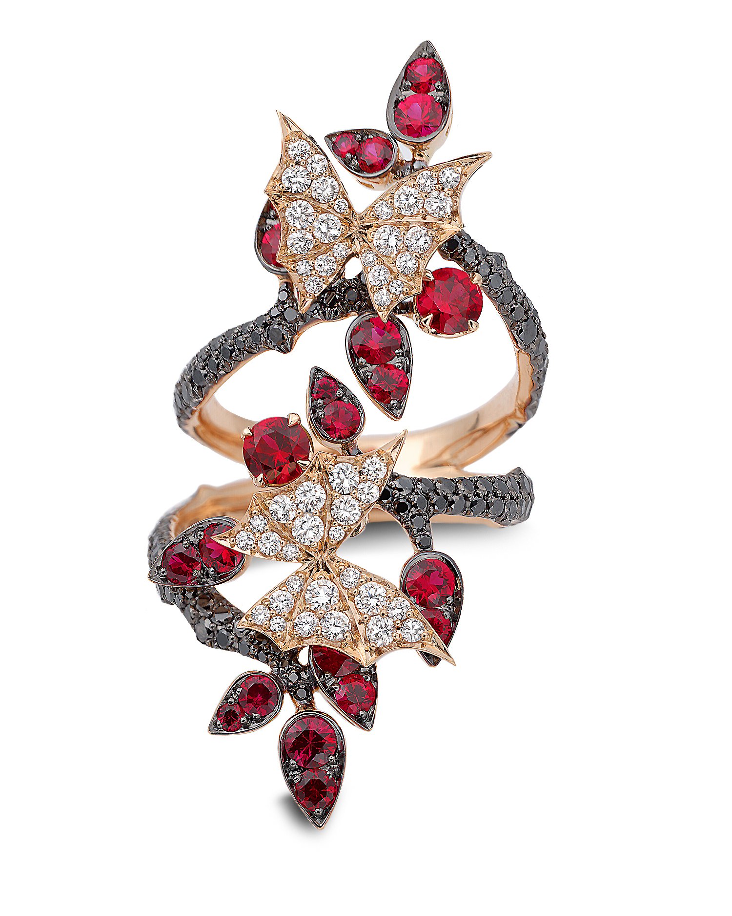 Fly by Night Forest Long Finger Ring with Pave Ruby, Black and White Diamonds in 18kt Rose Gold - Size 6.5