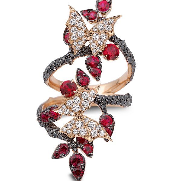 Closeup photo of Fly by Night Forest Long Finger Ring with Pave Ruby, Black and White Diamonds in 18kt Rose Gold - Size 6.5